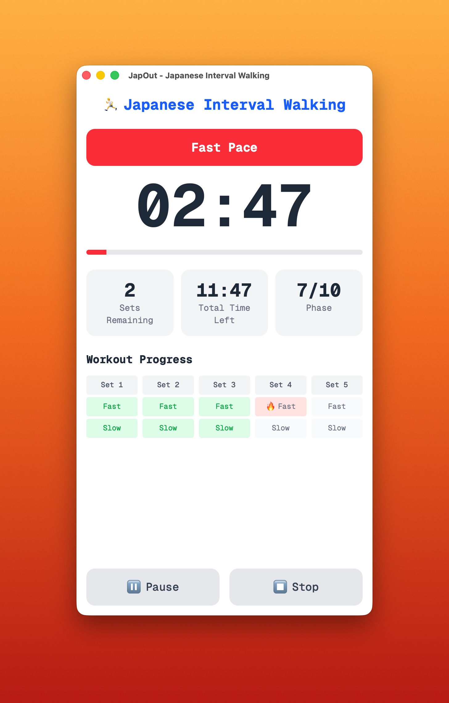 JapOut app interface with workout timer and pace guidance